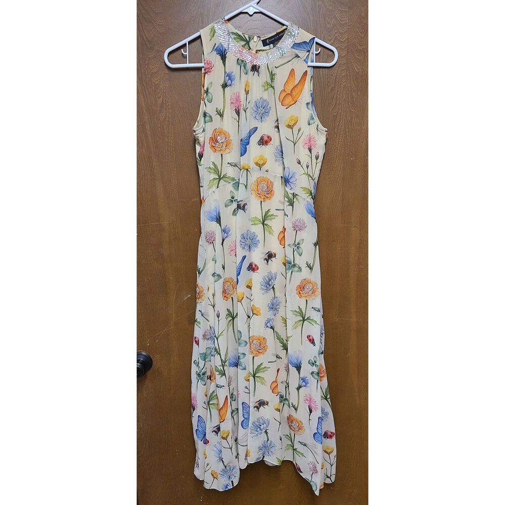 PANKAJ & NIDHI Floral & Insect A-line Dress, Embellished Neckline, SZ 6